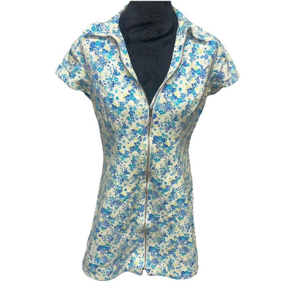 Vintage Paris Blues Denim Dress Medium Floral Full Zip Up Retro Y2K Midi Spring